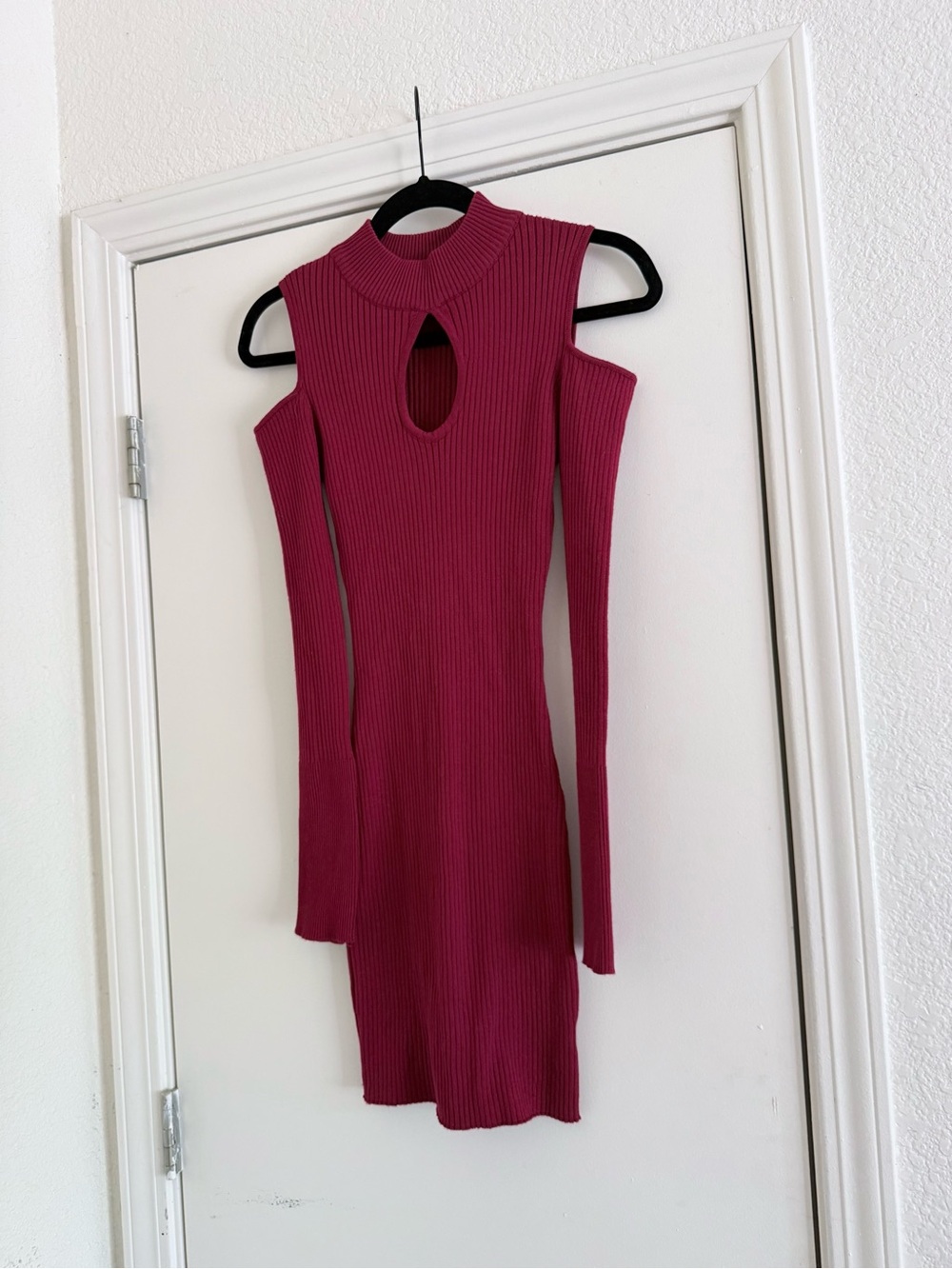 Say What? Raspberry Ribbed Cutout Cold-Shoulder Long Sleeve Dress